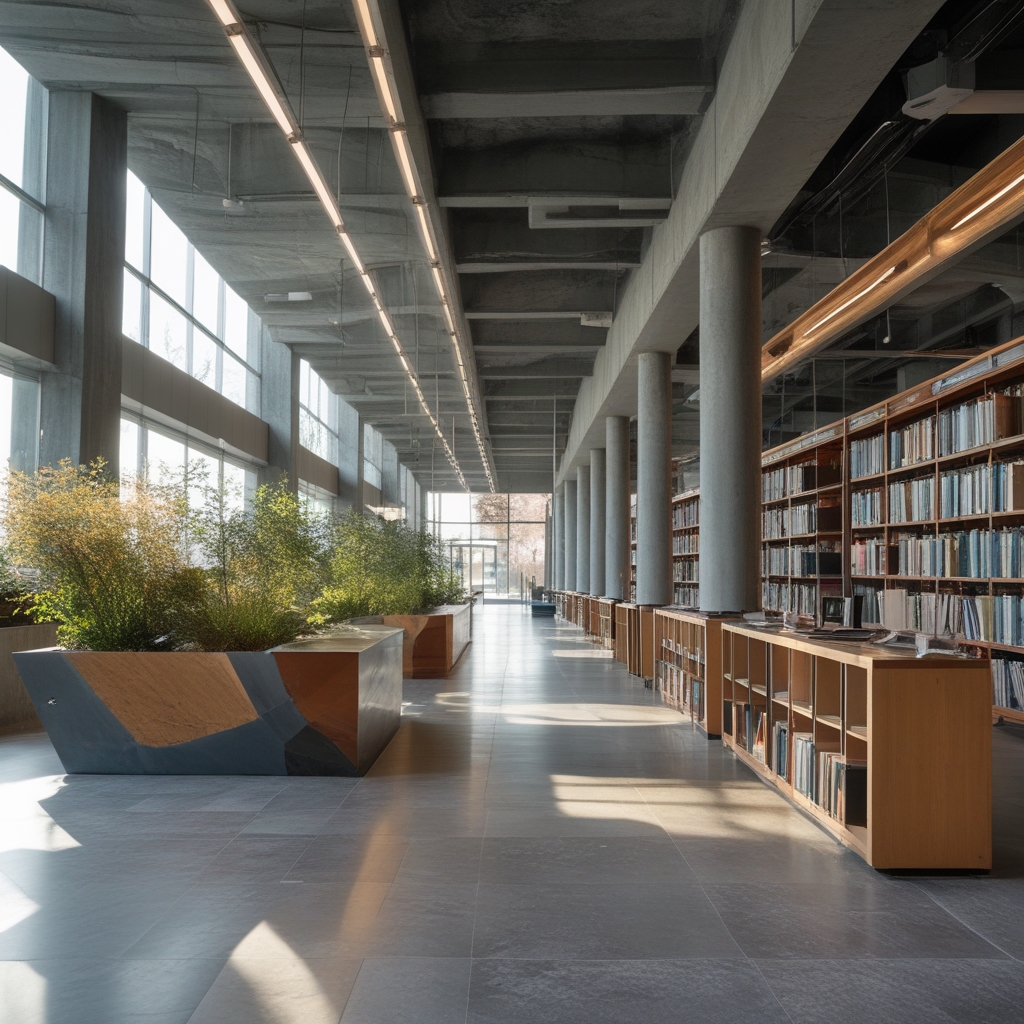 Przestronne, jasne wnętrze biblioteki lub centrum edukacyjnego z rzędami półek z książkami, naturalnym oświetleniem i nowoczesnymi białymi meblami