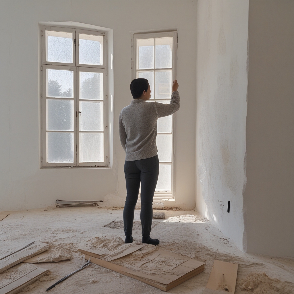 Osoba wykonująca powolne, kontrolowane ćwiczenie rozciągające przy oknie w jasnym, minimalistycznym studio z drewnianą podłogą i naturalnym światłem dziennym