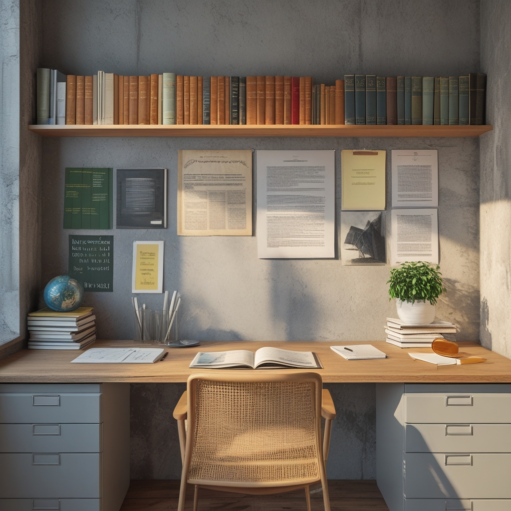 Czyste biuro badawcze z otwartymi książkami, notatkami i wykresami rozłożonymi na jasnym drewnianym biurku, naturalne oświetlenie, spokojny, akademicki nastrój