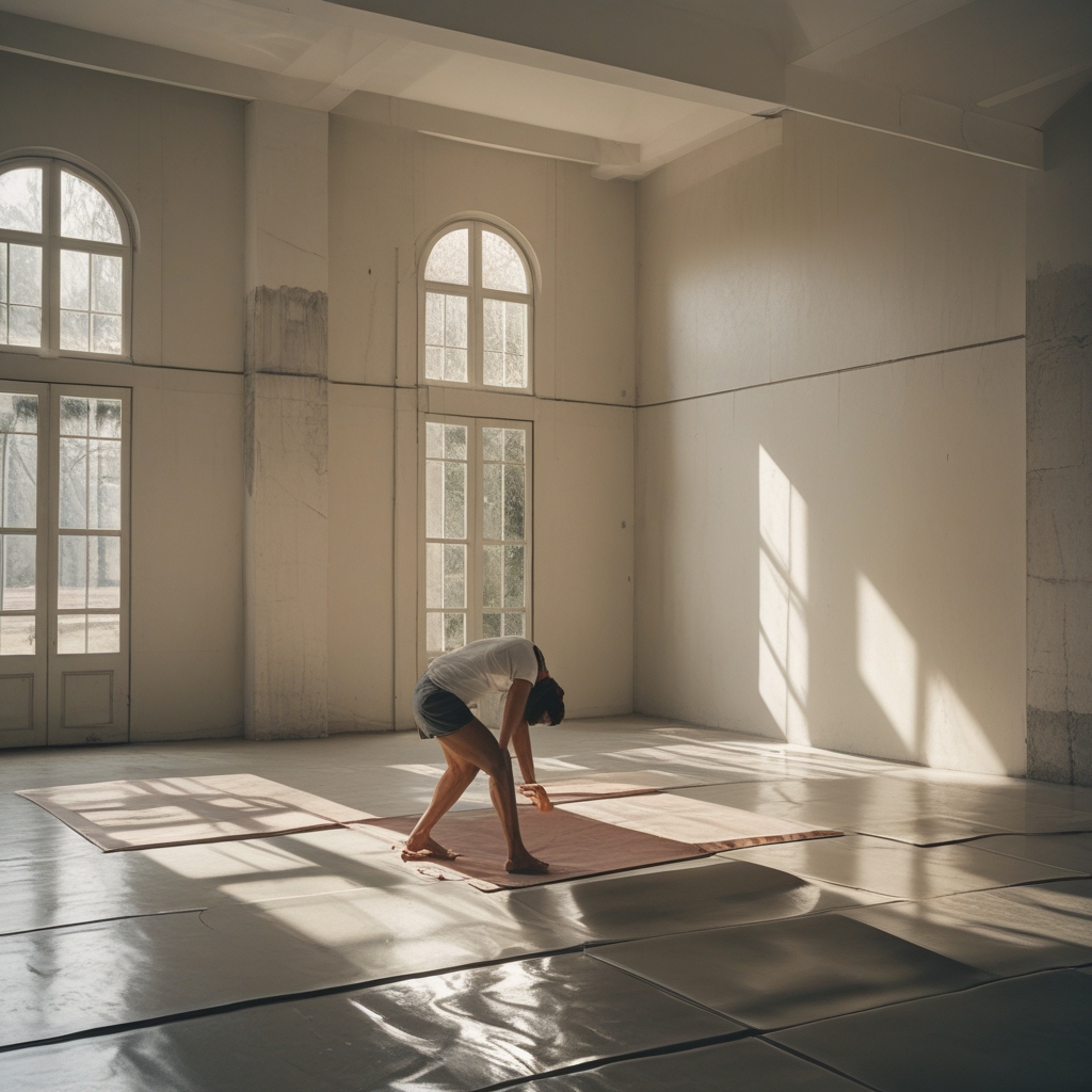 Para osób wykonujących delikatne ćwiczenia mobilizacyjne kręgosłupa na matach w jasnym, przestronnym studio z wysokimi oknami