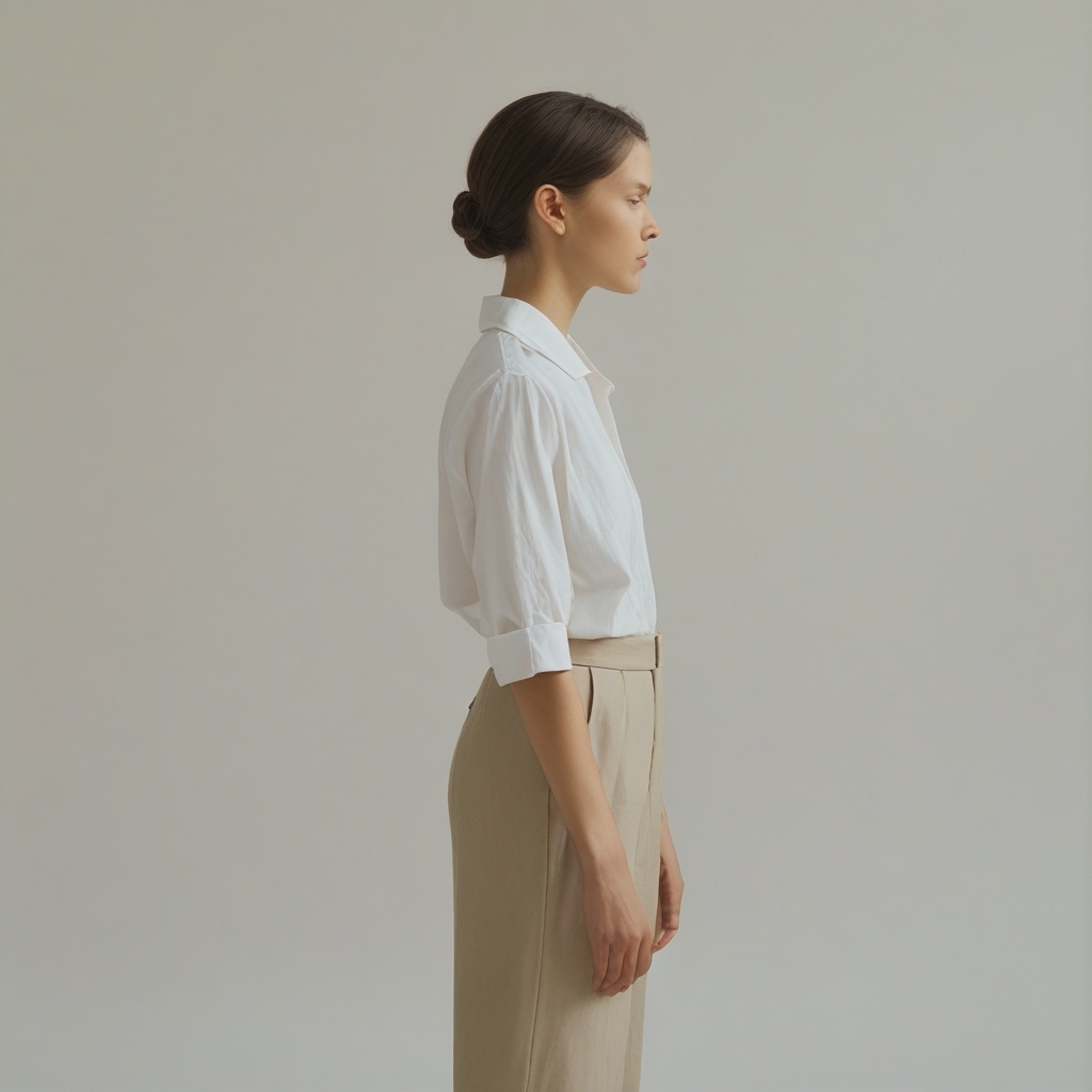 Figura człowieka z boku w neutralnej postawie ciała, z widoczną naturalną krzywizną kręgosłupa, proste biodra i rozluźnione ramiona