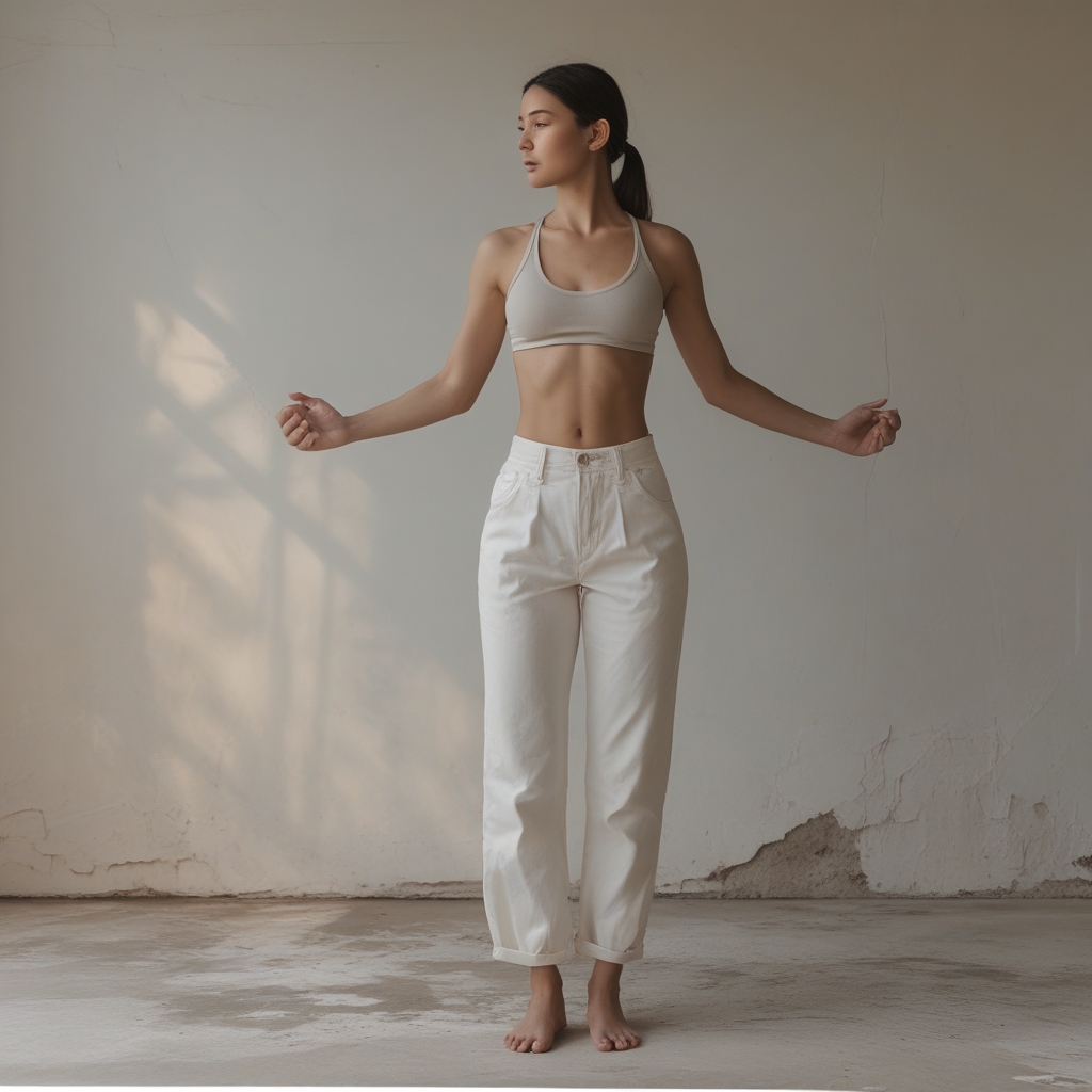 Osoba stojąca w widoku z przodu i z boku demonstrująca wyrównaną, symetryczną postawę ciała w jasnym, minimalistycznym wnętrzu