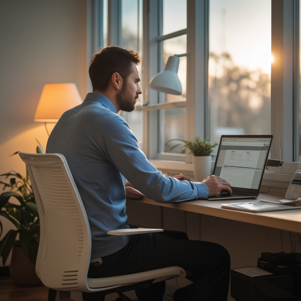 Człowiek siedzący przy ergonomicznym biurku przy oknie z naturalnym oświetleniem, utrzymujący prostą postawę ciała podczas pracy